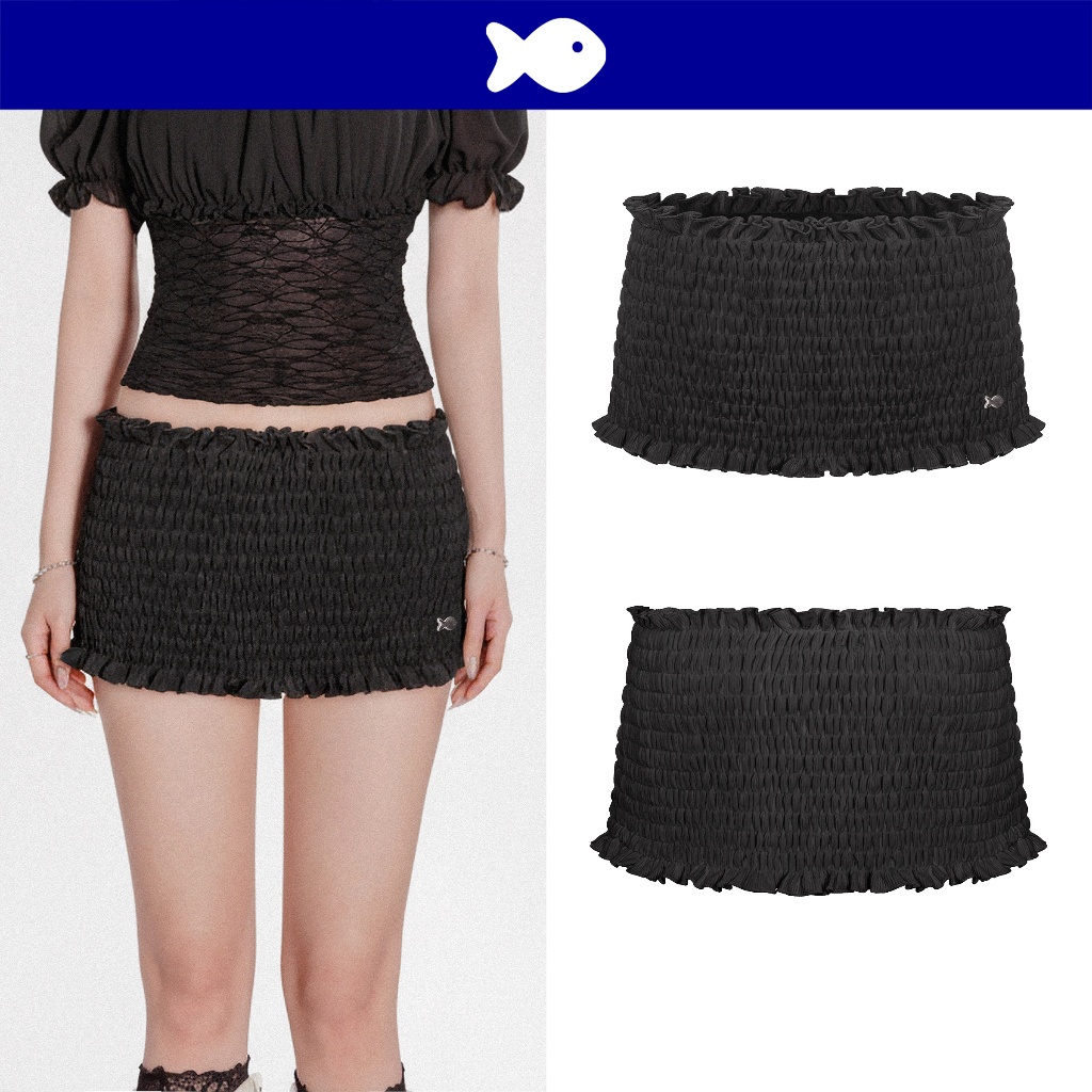 ดีเคเอ็มวี กระโปรงสั้นสีดําเอวต่ํามียางยืดจั๊มและโลโก้ปลาสแตนเลสหรูหราชุดกอดเข้ารูป | K-SET18-VD