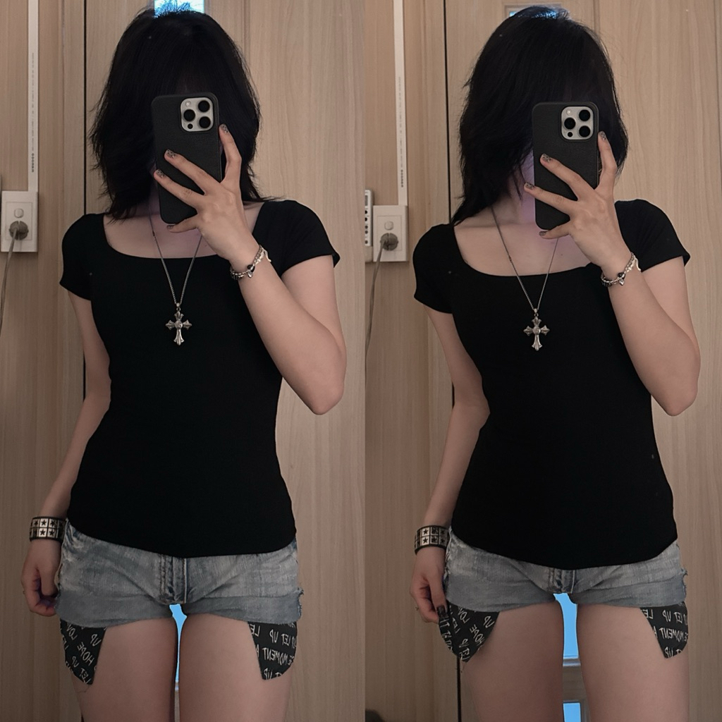 [TVN] Y2K เสื้อเชิ้ตแขนสั้นคอกลมคอเหลี่ยมผ้าฝ้ายนุ่ม