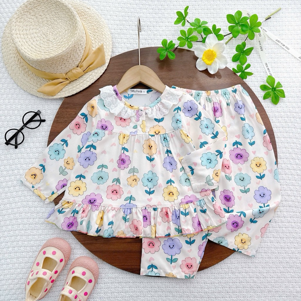 สค ชุดลินินแขนยาวและกางเกงขายาวของเด็กผู้หญิงทําจากลินินผิวคู่ที่เย็นสบาย ซึมซับ ล5 (ปกลูกไม้สุ่มสี)