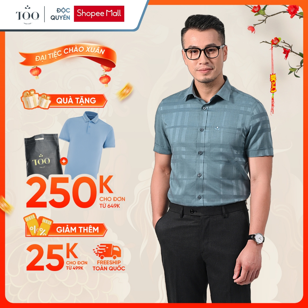 TQQ Slimfit K414CSC-CB เก้าอี้สํานักงานแขนสั้นผู้ชายทําจากผ้าฝ้ายเทียม ไม่ต้องรีด