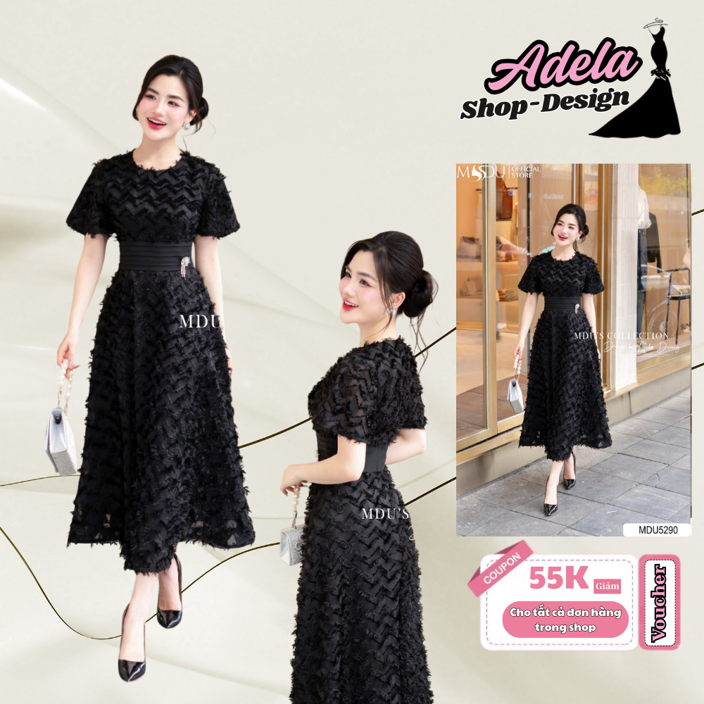 ADELA DESIGN ชุดเดรสปาร์ตี้ทําจากผ้าไหมนูนซิกแซกสีดํายาวบานอ่อน MDU5290