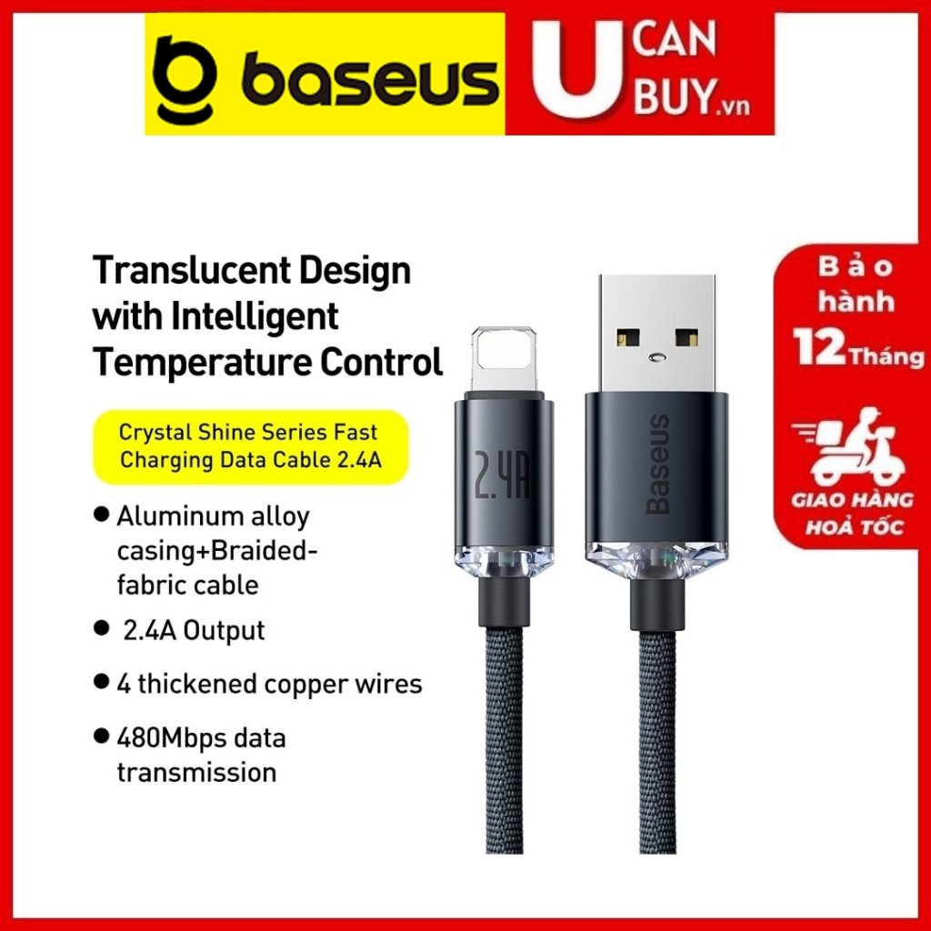 Baseus Crystal Shine Series สายชาร์จข้อมูลเร็ว USB A ถึง Lai-nin 2.4A