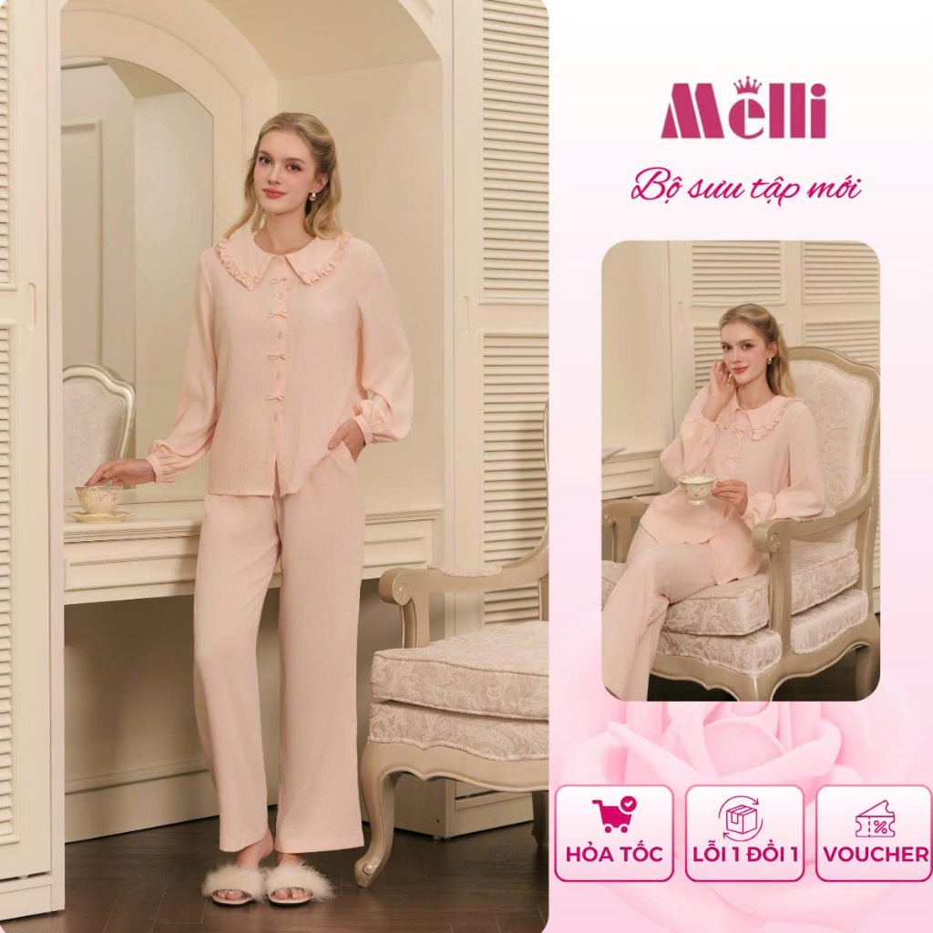 [เปิดดีล] ชุดนอนสตรีแขนยาวฤดูใบไม้ร่วง-ฤดูหนาวชุดคอปกนัวเนียอ่อนโยนทําจากผ้าฝ้ายนุ่มสบาย- BDD03