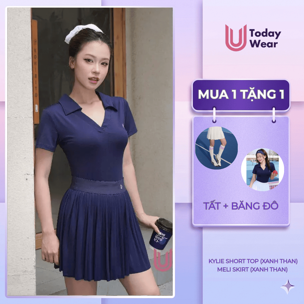 [ซื้อ 1 แถม 1] ชุดของเล่นเทนนิส pickleball ผู้หญิงสีกรมท่า Kylie Short Top ผสมกระโปรง Meli Today U W