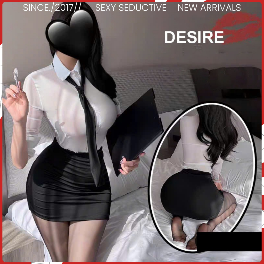 ชุดคอสเพลย์เลขาเซ็กซี่ - เสื้อเชิ้ตสีขาวซีทรูพร้อมกระโปรงสั้นและผูกเน็คไท DESIRE VN-416