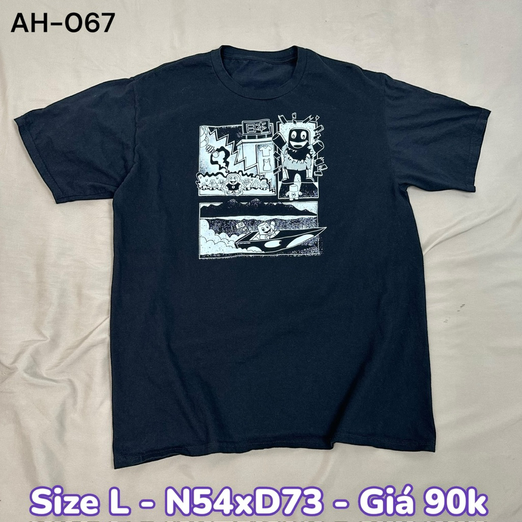 เสื้อยืดกราฟิกสีดํา – Size L Form 54x73 หลวม สบาย เสื้อพิมพ์ลายกราฟิกสีขาว ธีมการ์ตูนมีสไตล์