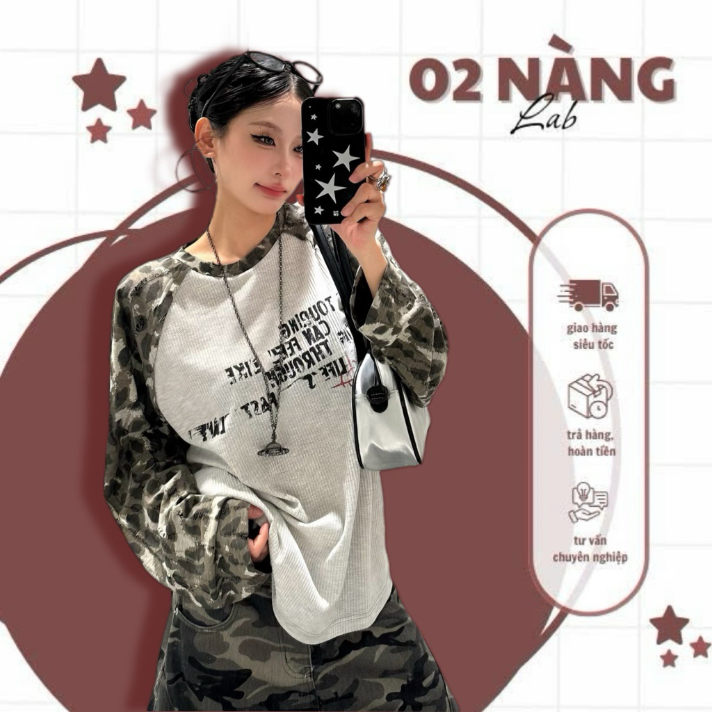 เสื้อยืดแขนยาวทรงหลวมสําหรับทั้งชายและหญิงพร้อมสไตล์สตรีทลายพราง | 02 LAB LADIES