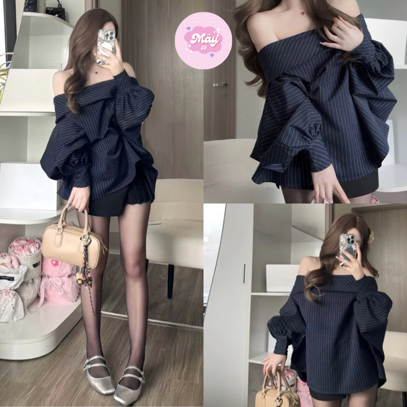 เสื้อปาดไหล่ลายทางแนวตั้งสีเขียวสุดน่ารักพร้อมแขนพัฟทรงหลวมและปีกตก นางสาว134