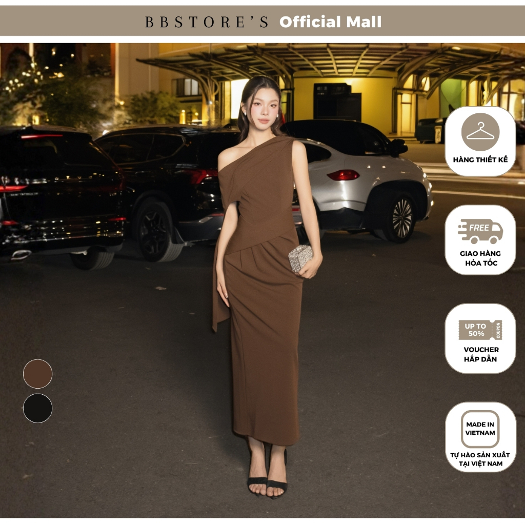 BBSTORES ชุดเดรสปาร์ตี้ยางยืดยาวคอปกเอียงและจับจีบเอว Body Form - DAC04B