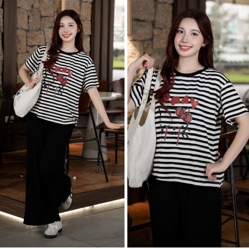 LAROMA Set Womens Clothing Set เสื้อยืดแขนสั้น Cozy Loose Long Pants BN39 | ผ้าคอตตอนโมดอล - นุ่มและ