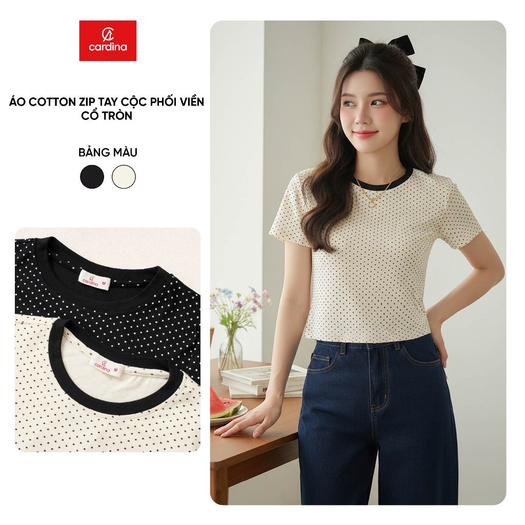 เสื้อยืดผู้หญิง CARDINA ผ้าคอตตอนซิปมีแขนและคอกลม 6ATC10