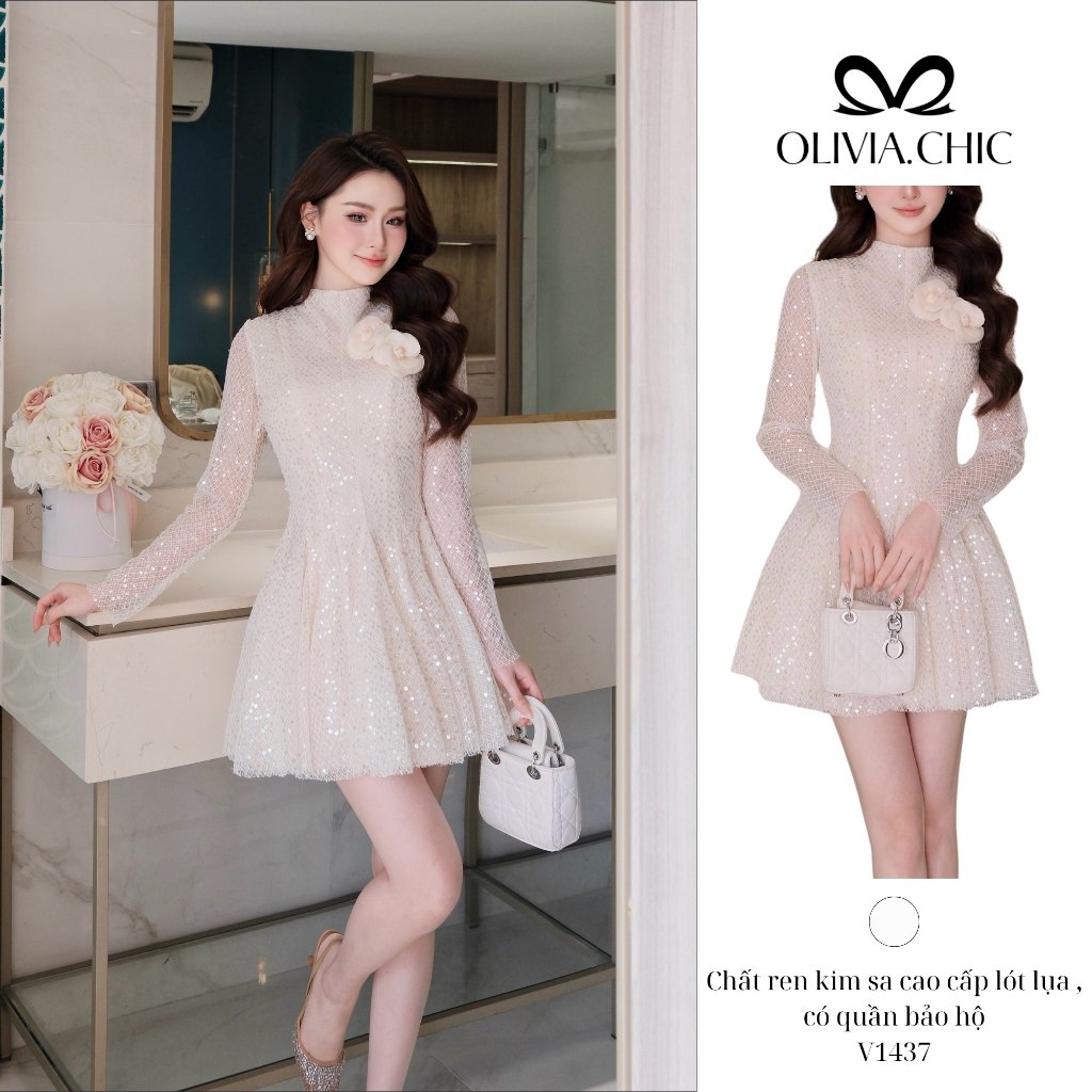 SA OLIVIA.CHIC Luxury Party Dress ทําจากลูกไม้ปักเลื่อม,เดรสบานพร้อมคอเต่าและดอกไม้นูน,แขนยาว Flatte