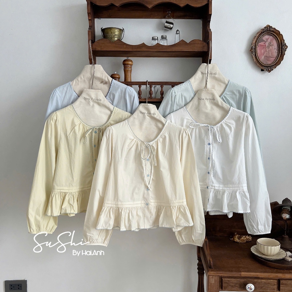 เสื้อเชิ้ต Babidollคอปกโบว์วินเทจ เสื้อเชิ้ตดีไซน์ผู้หญิง SM3010 - NhiNhi Shop