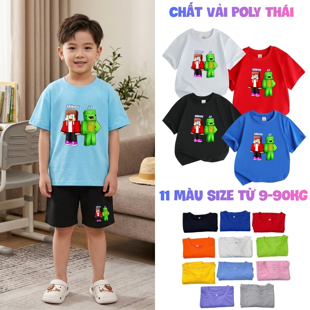 เสื้อยืดเด็กชายและเด็กหญิง JJ AND MIKEY MAIZEN MINECRAFT พิมพ์ลาย เสื้อยืดเด็กผ้าโพลีไทยเนื้อนุ่มและ