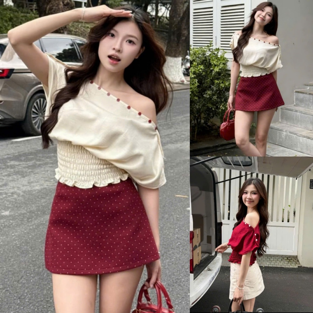 เสื้อเชิ้ตผู้หญิง ก.841 เสื้อปาดไหล่แขนสั้นชายติดกระดุมและเอวยางยืดใส่หุ่นเบสิคจับง่าย - ร้านลายจุด
