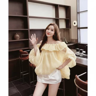 เสื้อปาดไหล่ผู้หญิงแขนยาวทรงบอลลูนผู้หญิง - เนื้อผ้าชีฟองเนื้อนุ่มสไตล์เลดี้เกาหลีสุดฮอต