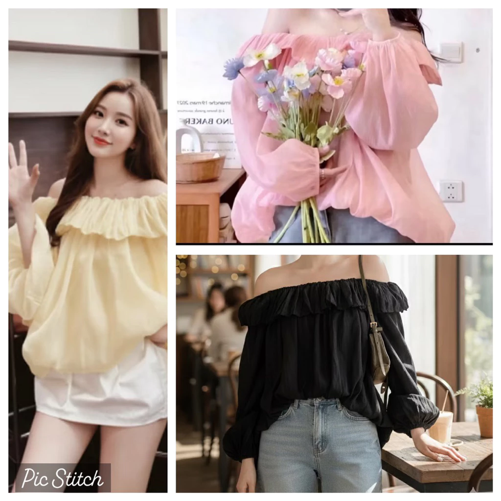 เสื้อปาดไหล่ผู้หญิงแขนยาวทรงบอลลูนผู้หญิง - เนื้อผ้าชีฟองเนื้อนุ่มสไตล์เลดี้เกาหลีสุดฮอต