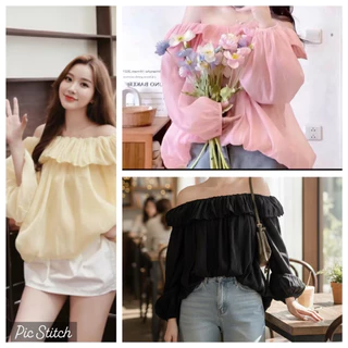 เสื้อปาดไหล่ผู้หญิงแขนยาวทรงบอลลูนผู้หญิง - เนื้อผ้าชีฟองเนื้อนุ่มสไตล์เลดี้เกาหลีสุดฮอต