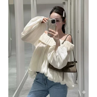 เสื้อปาดไหล่ผู้หญิงแขนยาวทรงบอลลูนผู้หญิง - เนื้อผ้าชีฟองเนื้อนุ่มสไตล์เลดี้เกาหลีสุดฮอต