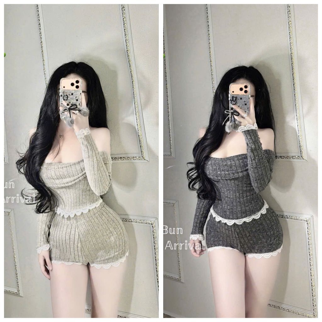 เสื้อยืดไหมพรมผู้หญิง ชุดเซตแขนยาวลูกไม้+กางเกงขาสั้นทรงพอง
