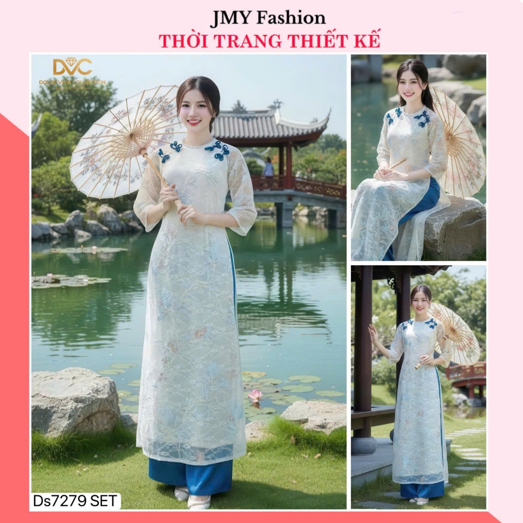 DS7279 ปัก ao dai ชุดพร้อมกางเกงผ้าไหมสีฟ้าคอปกหิน [Dolce Viva Collection (DVC)]