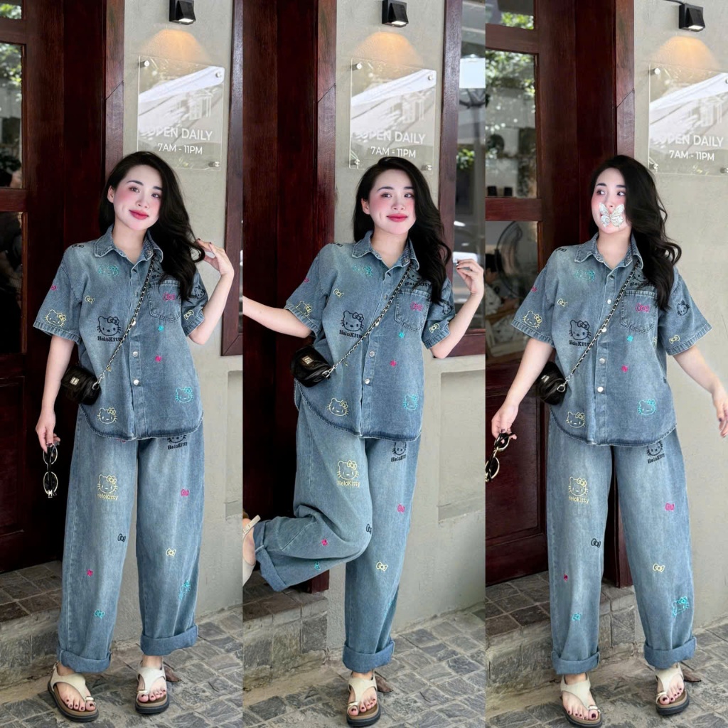 HelloKitty ชุดเสื้อแขนสั้นและกางเกงยีนส์สําหรับผู้หญิง.Hueyen Shop สไตล์อ่อนเยาว์ 2 ไซส์ S และ M