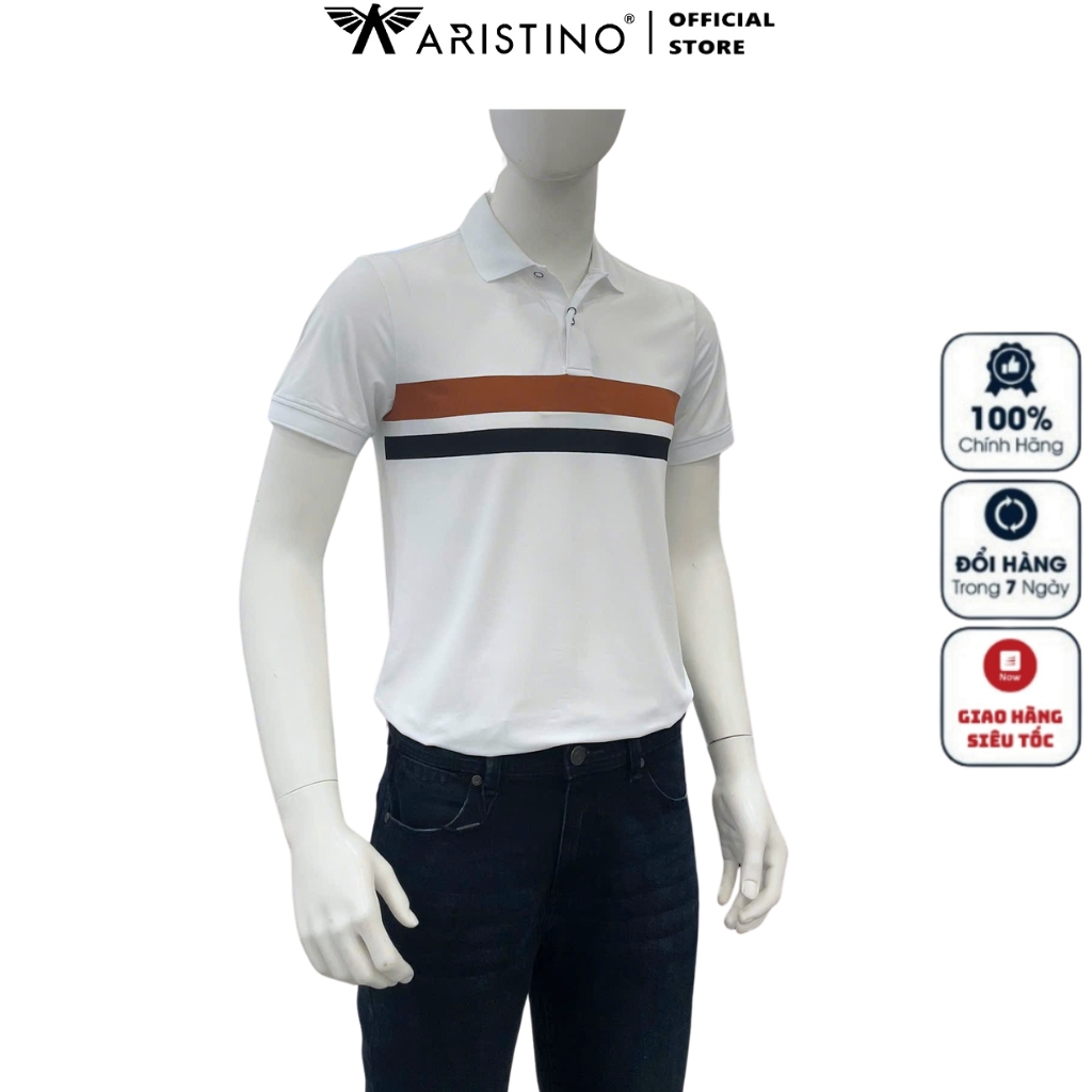 ARISTINO IPS042FAH0 เสื้อโปโลแขนสั้นคอปกเปิดลง ผ้าโพลีผู้ชายคุณภาพสูง ทรงหลวม สีขาว 6 แถบ jacqua