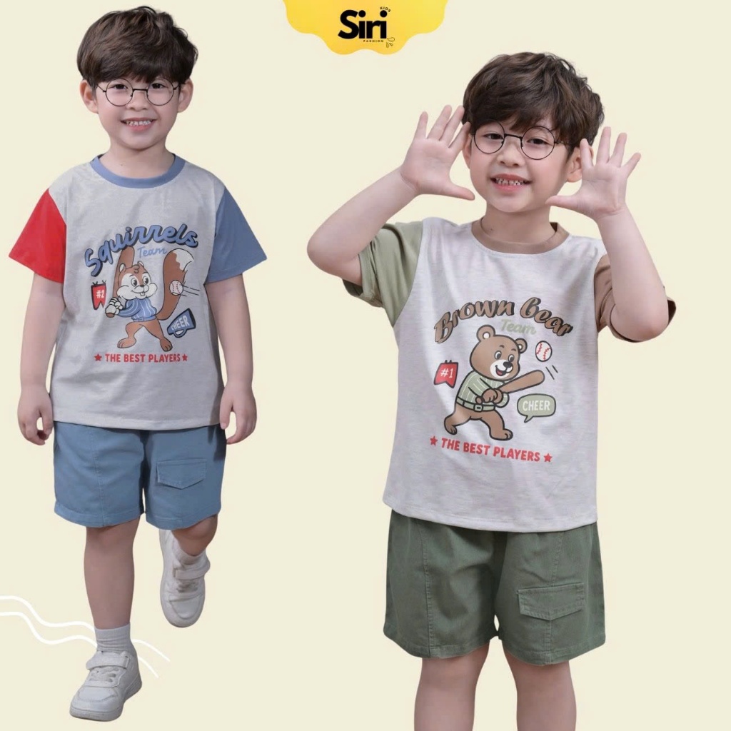ชุดแขนสั้นกับกางเกงขาสั้น Squirrel and Bear motifs และสีกากีสําหรับเด็กผู้ชาย 9 ถึง 28kg SIRI H1025B