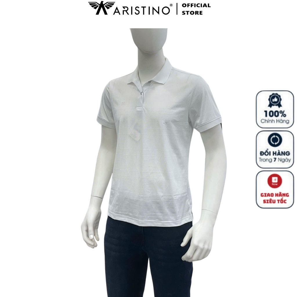 ARISTINO IPS051FAH0 เสื้อโปโลแขนสั้นคอปกเปิดลง ผ้าโพลีผู้ชายคุณภาพสูง ทรงหลวม สีขาวแถบ 5 เส้น jacqua