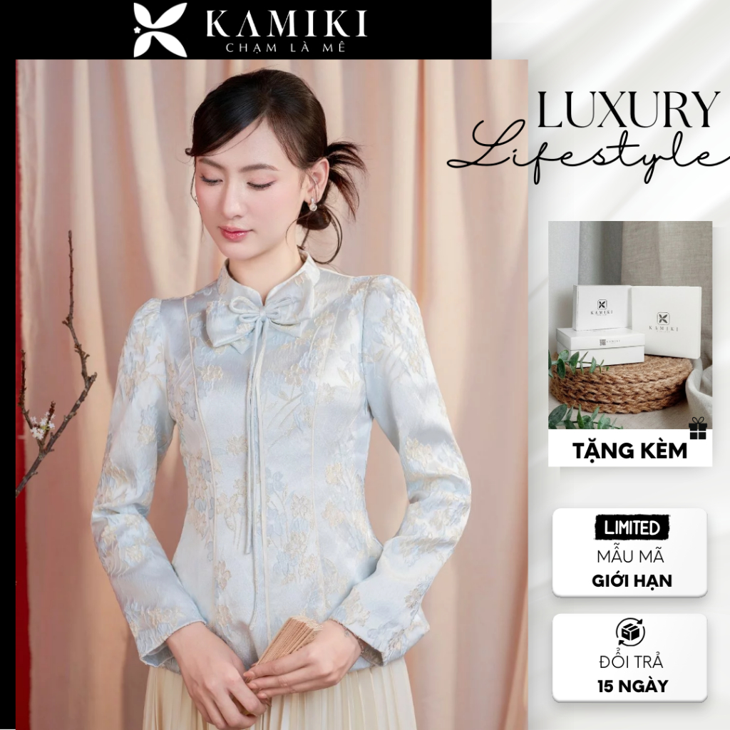 [ODD SHIRT] KAMIKI ชุดธรรมะแอปริคอทแขนยาวพร้อมโบว์ 2 ชั้นแฮนด์เมดหรูหรา KPP30