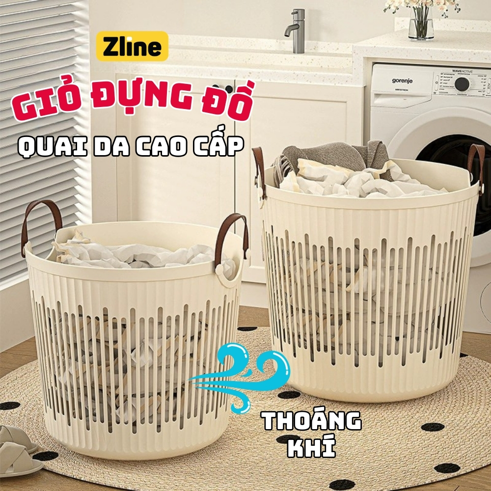 Zline ตะกร้าเสื้อผ้าสกปรกพร้อมที่จับหนังแข็งตะกร้าเก็บของระบายอากาศได้ทําจากพลาสติก หน้า