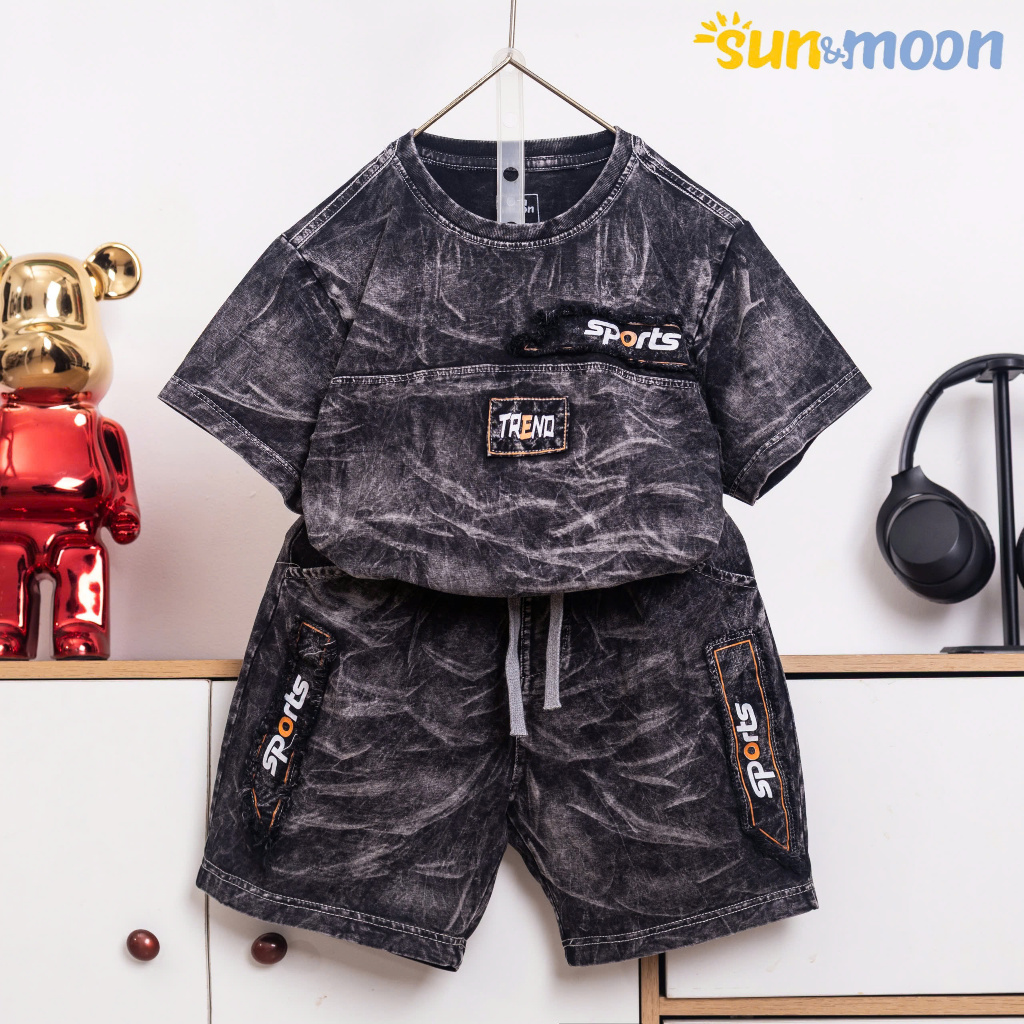 ชุดเด็กชาย Stone wash พร้อมแขนสั้นผ้าฝ้ายยืด ขนาดตั้งแต่ 15kg ถึง 55kg - Mebena