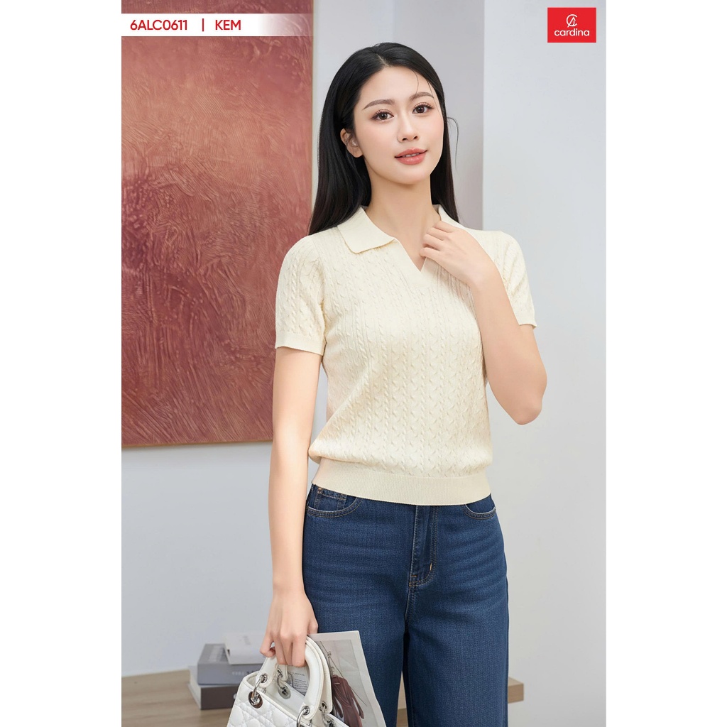 เสื้อสเวตเตอร์ผู้หญิง เสื้อสเวตเตอร์แขนกุดคอโปโลคอวี CARDINA 6ALC06