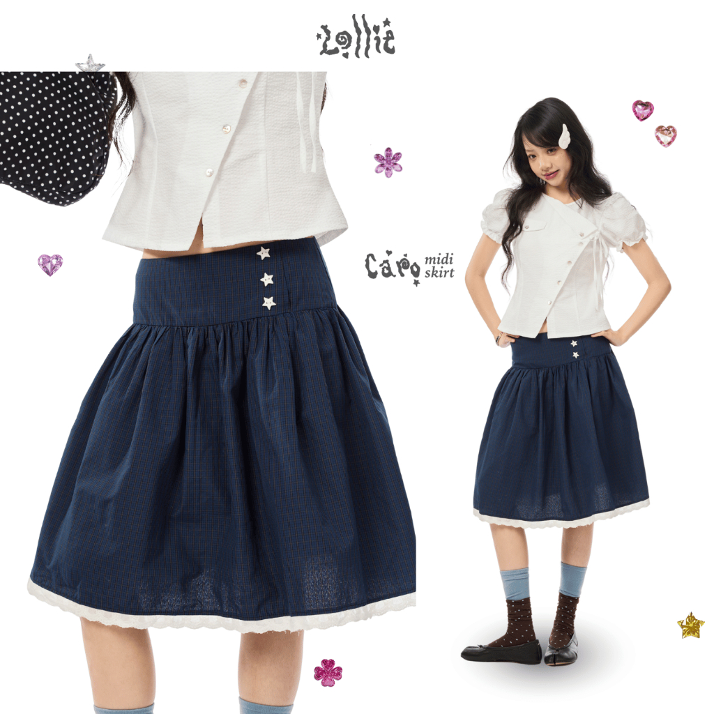 LOLLIE STUDIO - กระโปรงลายสก๊อต Midi พร้อมขอบลูกไม้ปุ่มดาวสําหรับผู้หญิง Caro Midi กระโปรง TKC77