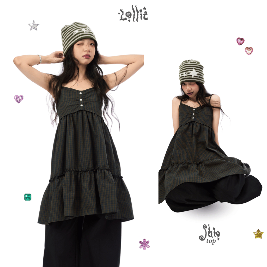 LOLLIE STUDIO - Shio Top TKA486 เสื้อเชิ้ตลายสก๊อตยาวผู้หญิงมีกระดุมดาว