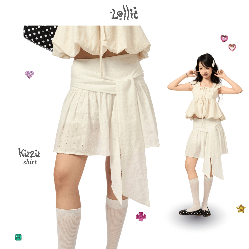 LOLLIE STUDIO - กระโปรง Kuzu TKC75 กระโปรงทอผู้หญิงลายผูกโบว์แนวทแยง