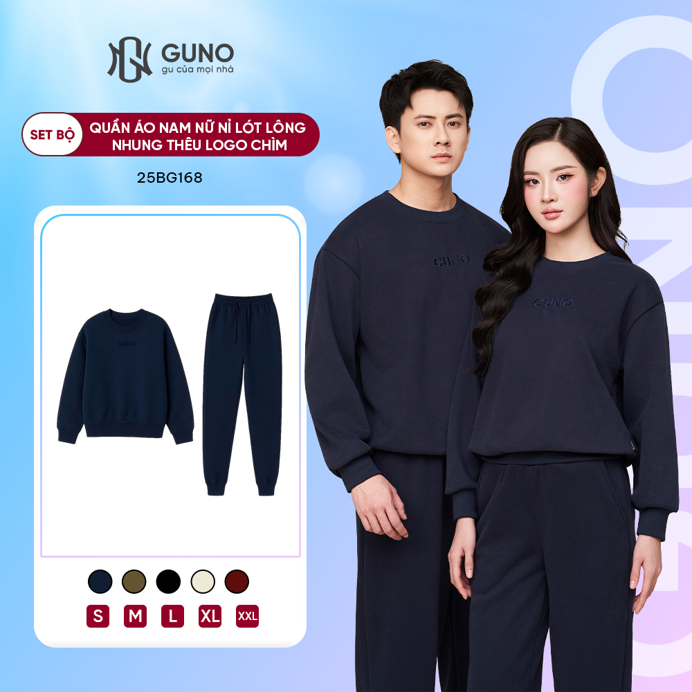 GUNO ผู้ชายและผู้หญิงกํามะหยี่-Lined เสื้อผ้าชุด Super Warm คุณภาพสูงโลโก้ปักกับกางเกง Hem 25BG168/B