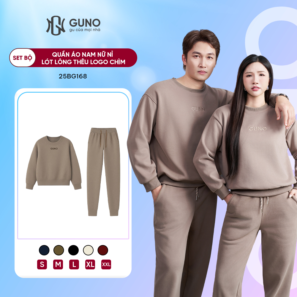 GUNO ชุดขนแกะบุกํามะหยี่สําหรับผู้ชายและผู้หญิง อุ่นสุดๆ คอกลม ปักโลโก้พร้อมชาย SP5 25BG168/BB169