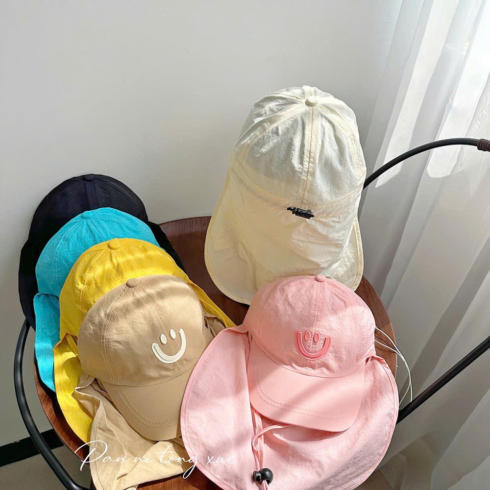 หมวกเด็ก - หมวกเบสบอลหน้ายิ้มน่ารักพนังยาวเพื่อปกปิดคอด้วยป้องกันรังสียูวีที่ดีสําหรับเด็กชายและเด็ก