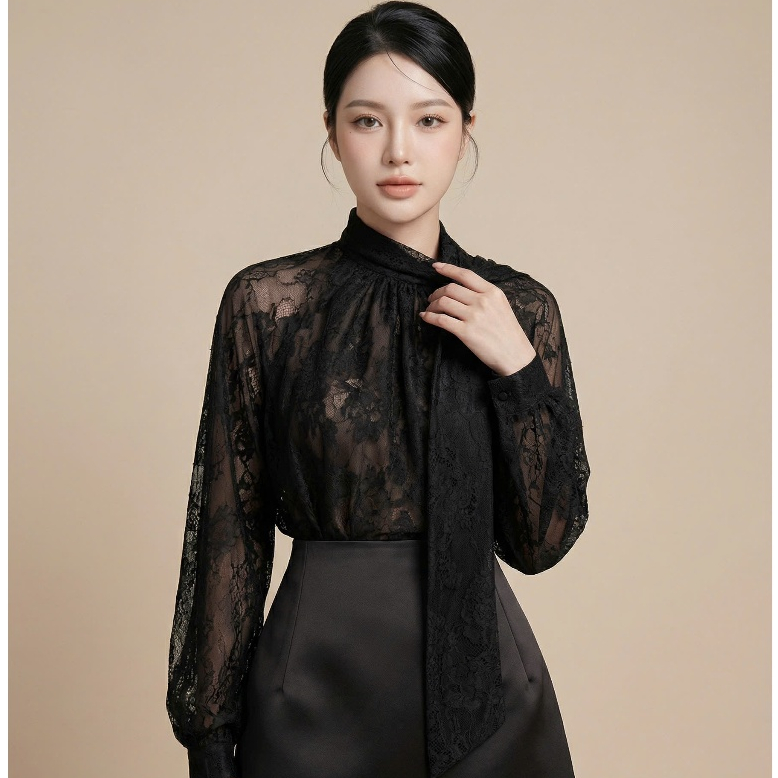 เสื้อลูกไม้คอปกโบว์แขนยาว - ดีไซน์ Thuy Nga