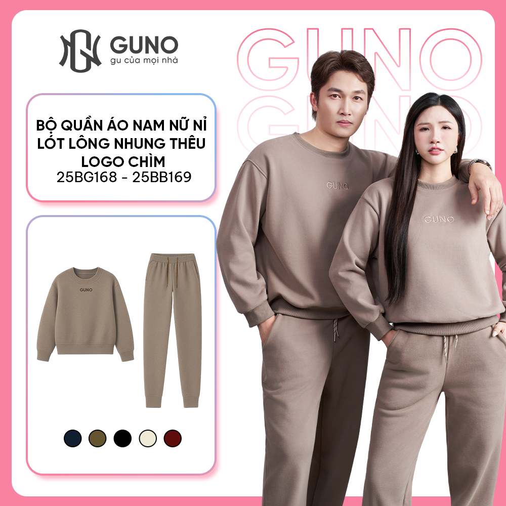 GUNO ชุดสูทฤดูใบไม้ร่วง-ฤดูหนาวบุขนกํามะหยี่สําหรับผู้ชายและผู้หญิงพร้อมกางเกงคอกลมปักลายโลโก้ 25BG1