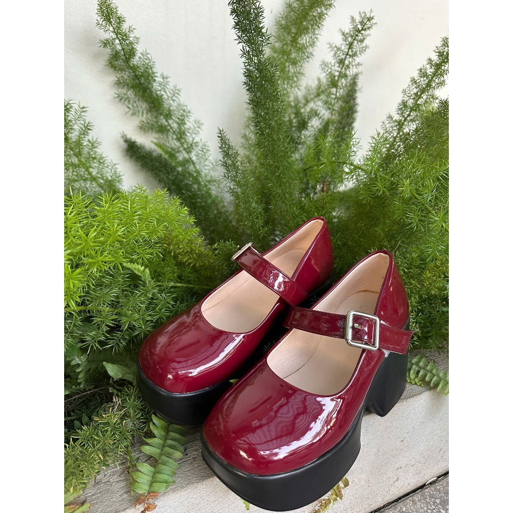 MERRY JANE SHOES 10CM สูง, 5CM LIFT FRONT SOLE, ครีมสีดําและสีขาว GLOSSY LEATHER, LUXURY ADHESIVE CL