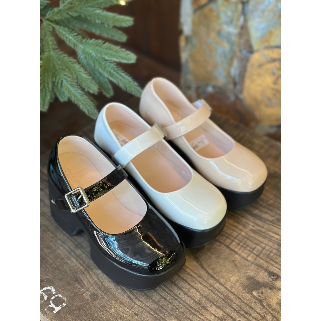MERRY JANE SHOES 10CM สูง, 5CM LIFT FRONT SOLE, ครีมสีดําและสีขาว GLOSSY LEATHER, LUXURY ADHESIVE CL