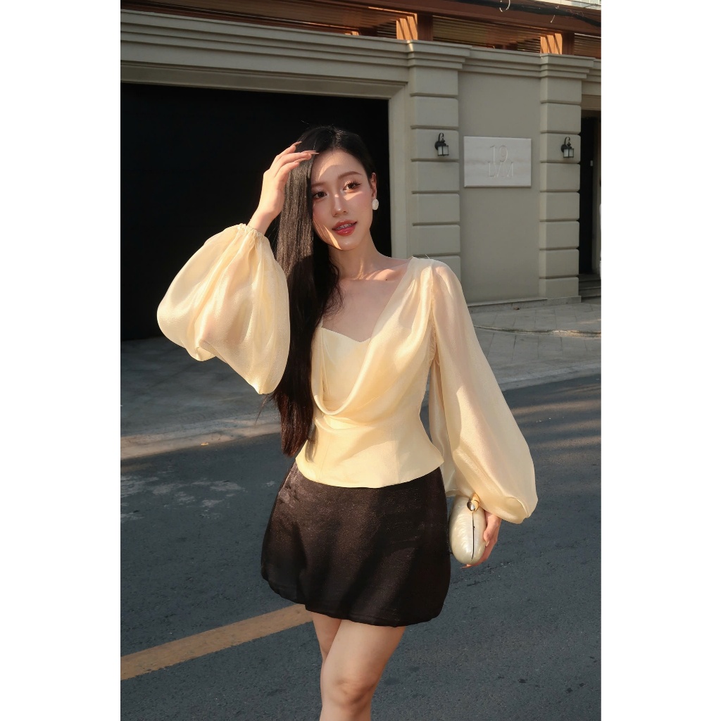 AUDREY เสื้อเชิ้ตแขนยาวคอปกพัฟหรูหรา GOUT DE JUN