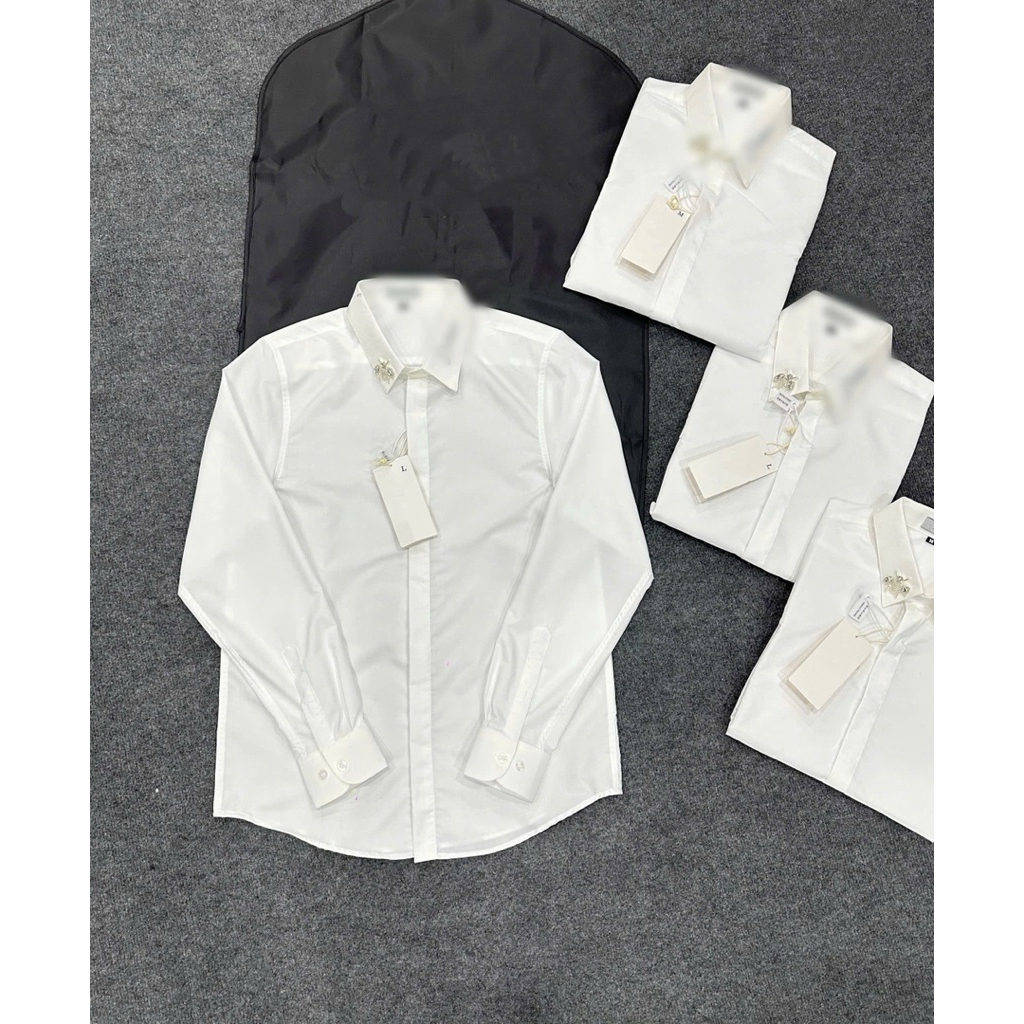 Ci Di Ong เสื้อเชิ้ตแขนยาวผู้ชายคอปกหินตัวอักษรเย็บปักถักร้อยออกแบบเรียบง่ายสีขาวธรรมดาคลาสสิก Sc St