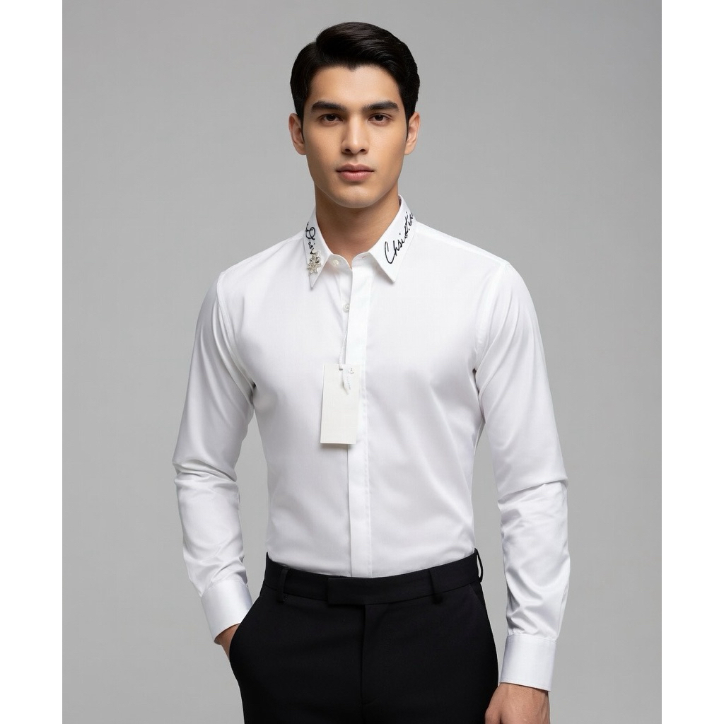 เสื้อเชิ้ตแขนยาวผู้ชาย Ci Bi Ong Stone Check Collar ปักตัวอักษรรอบคอปุ่มที่สวยงาม Mark Design
