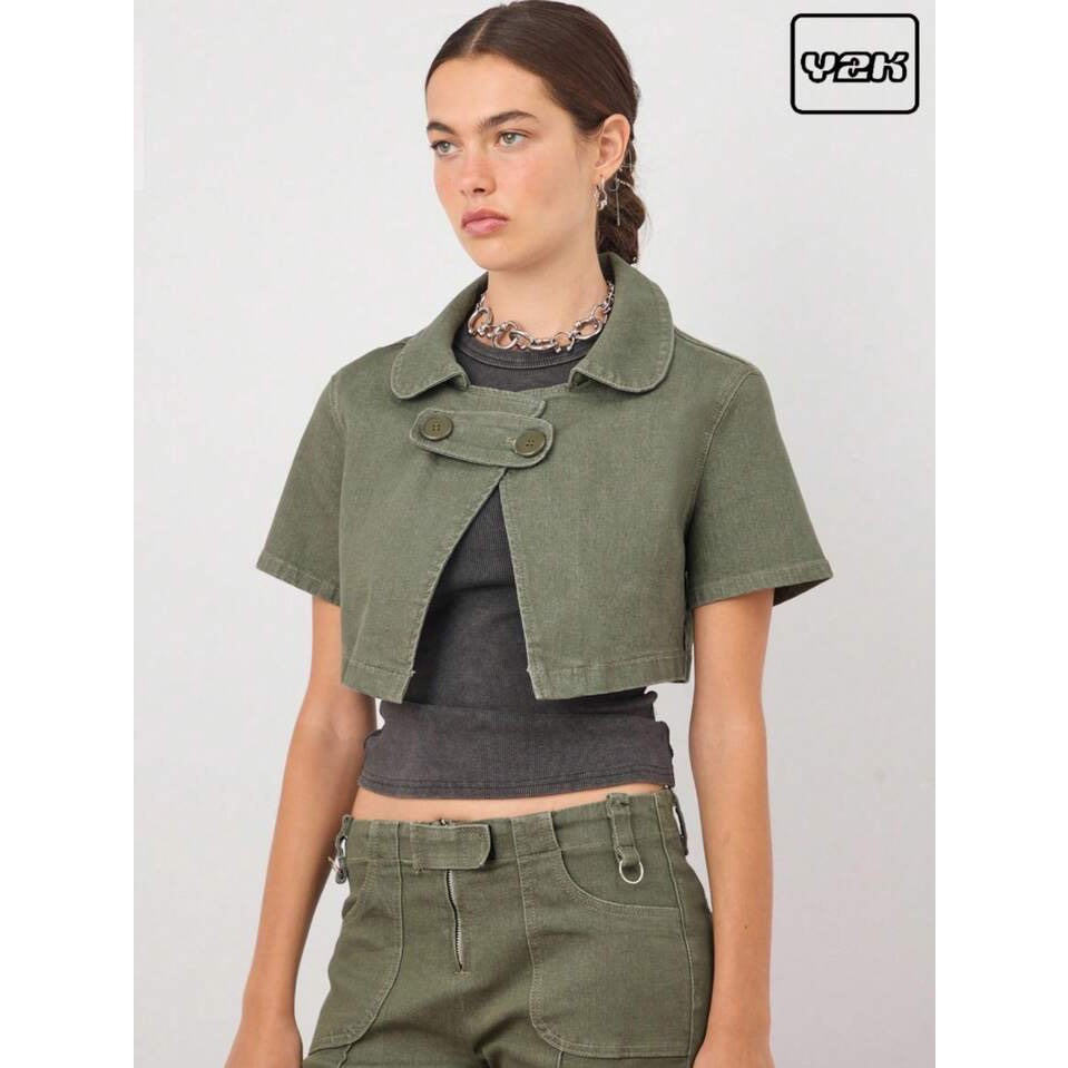 Cropped Boxy Denim Jacket / Y2K Croptop Moss Green Denim Jacket / Burn the Earth