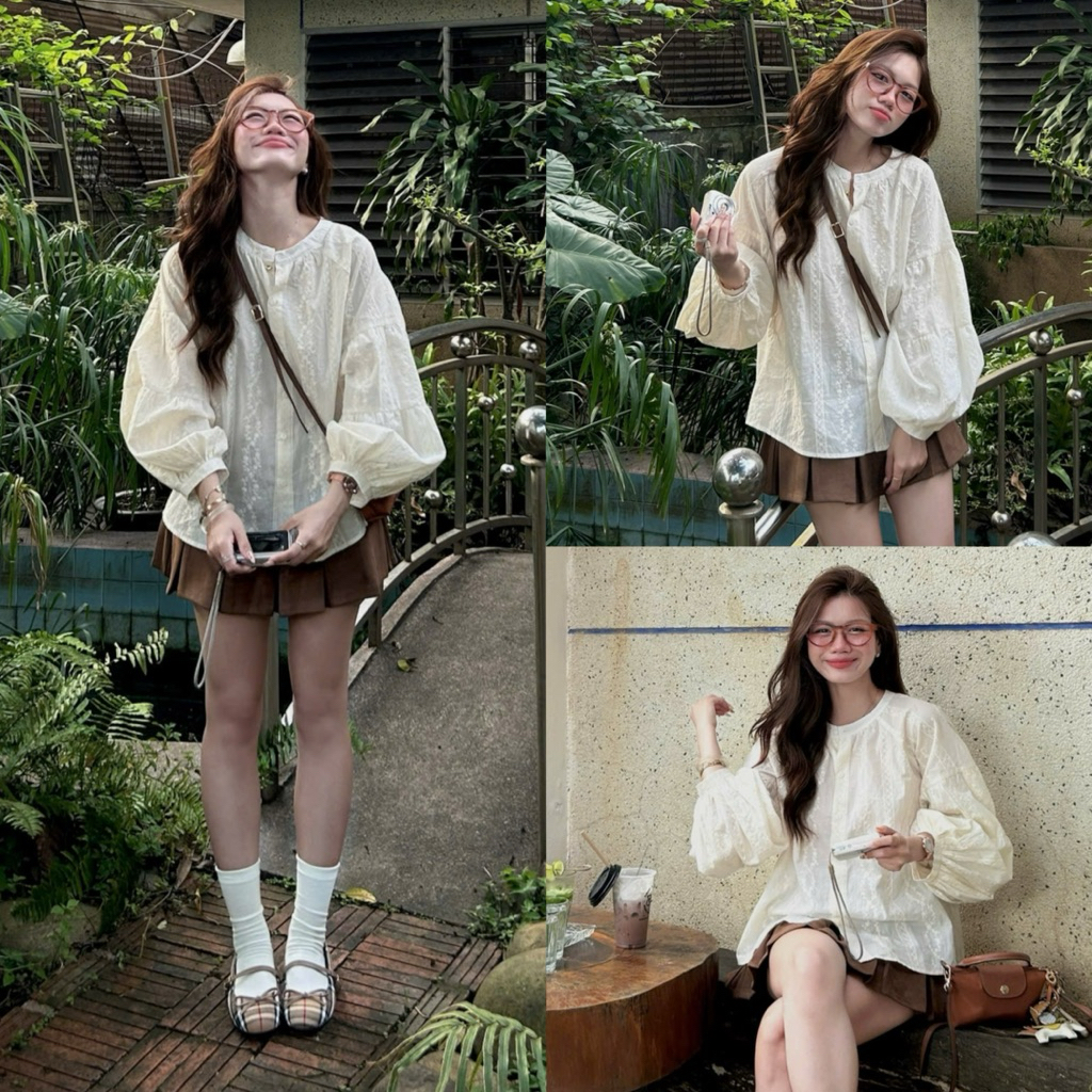 (OLDSCHOOL PHOTO) (COMES WITH A BRACELET) Michu Babydoll เสื้อลูกไม้ลายดอกไม้หลวมพร้อมปกรถไฟและแขนพัฟ