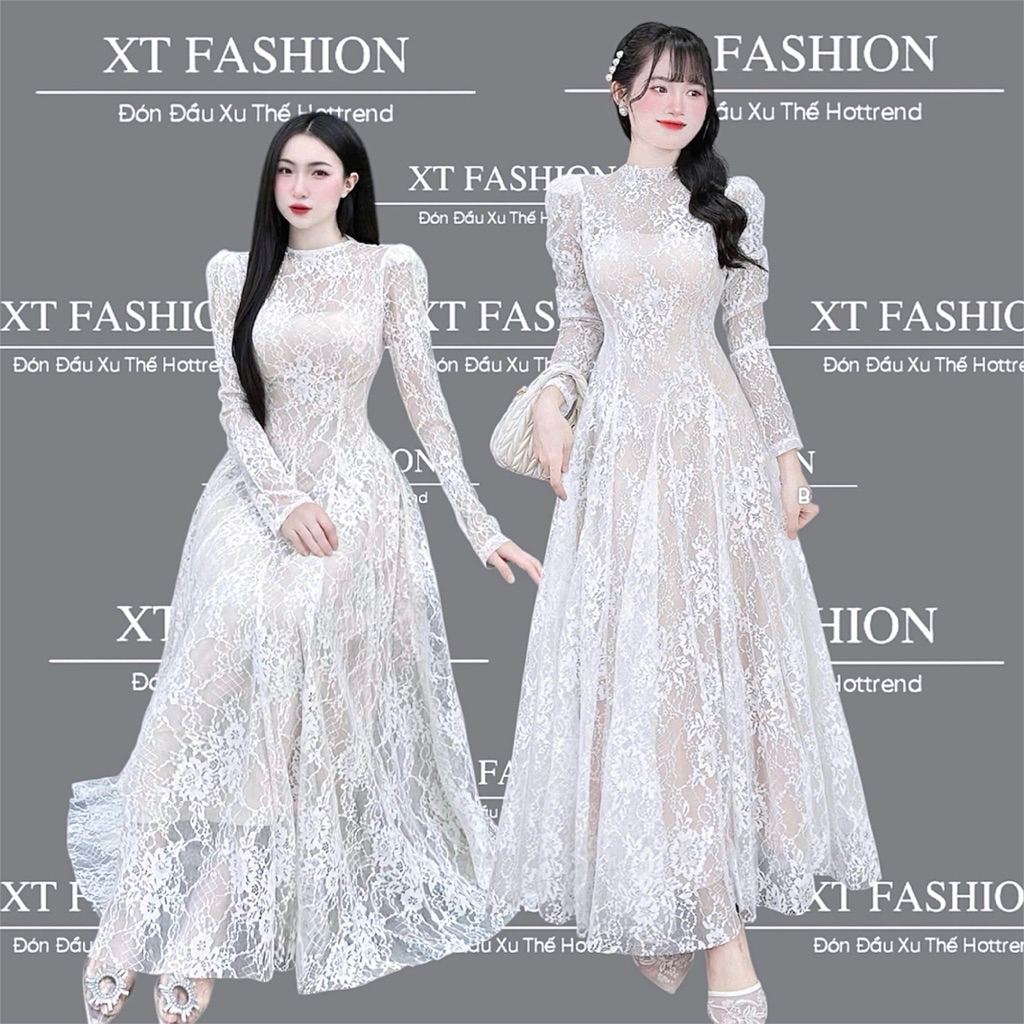 XT แฟชั่น Luxury Designer แขนยาวลูกไม้ Maxi Dress