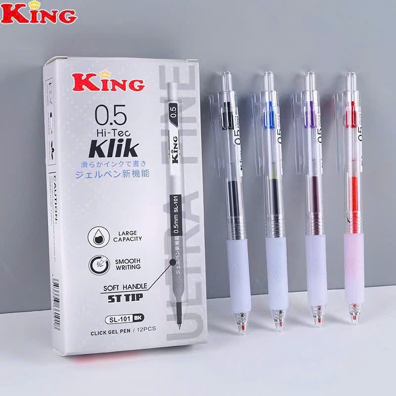 กล่อง 12 Hi-Tec King SL-101 / SL 101 ปากกาเจลแบบกดปลาย 0.5 มม. Nib หมึกสีน้ําเงิน/แดง/ดํา/ม่วง - พร้